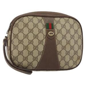 GUCCI GG Supreme Web Sherry Line Clutch Bag Beige Gold 156 01 034 Auth 159359